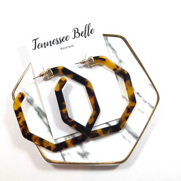 Dark Brown Tortoise Shell Large Hexagon Stud Hoops - Picture 1 of 8